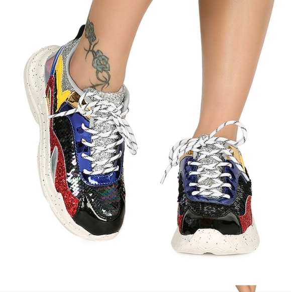 Liliana Sequins and Glitter Lace Up Panel Flatform Sneakers Size Women's 8 - Picture 1 of 13
